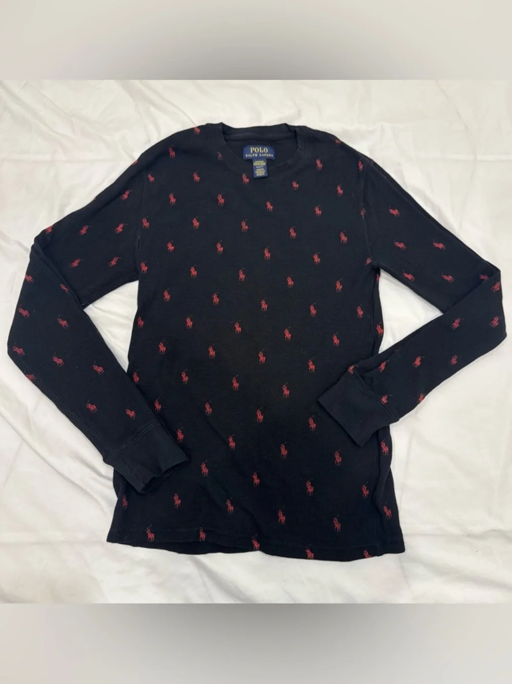Polo Ralph Lauren All Over Pony Waffle Knit Thermal Sleep Shirt Black Red S